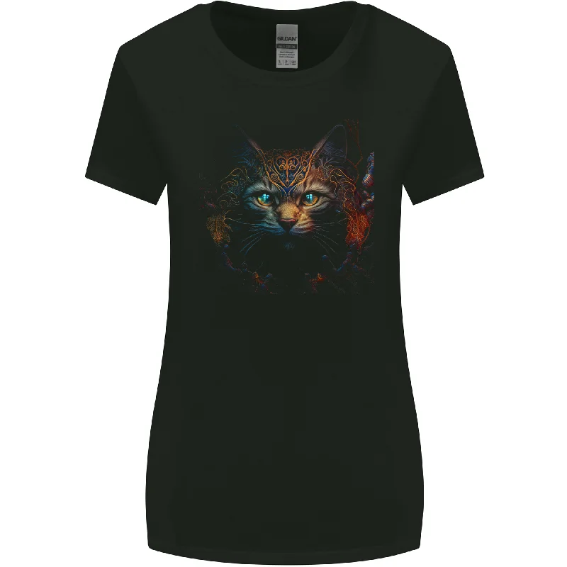 A Fantasy Cat With Cool Colours 4 Womens Wider Cut T-Shirt Print Jacquard Patchwork