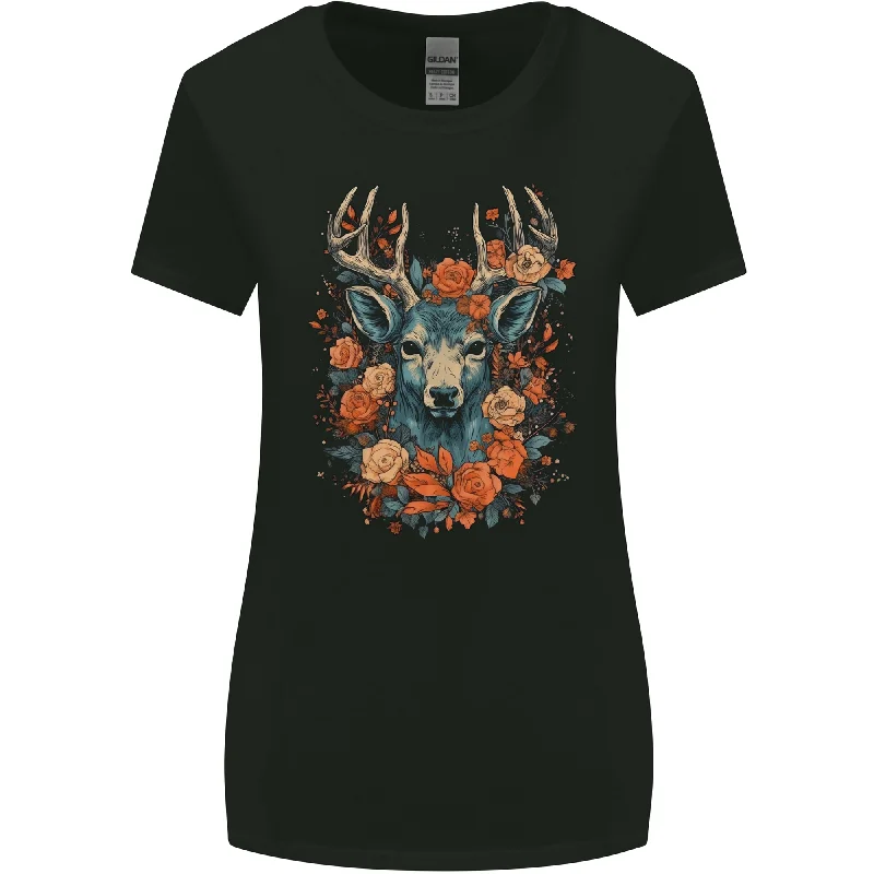 A Fantasy Deer With Flowers Womens Wider Cut T-Shirt Lace Blend Ribbed Blend Corduroy Blend