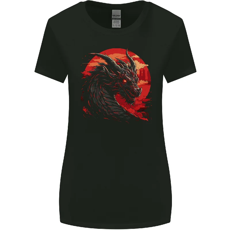 A Fantasy Dragon With a City Backdrop Womens Wider Cut T-Shirt V-Neck T-Shirt Long Sleeve Cotton