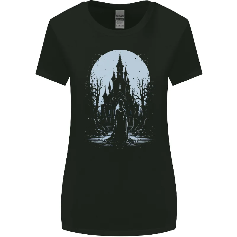 A Fantasy Haunted House Halloween Spooky Womens Wider Cut T-Shirt Graphic Embroidered Appliqued