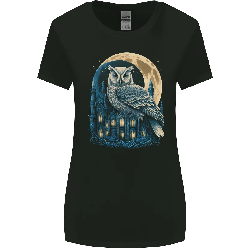 A Fantasy Owl Sitting on a House With Moon Womens Wider Cut T-Shirt Terry Blend Velvet Blend Canvas Blend