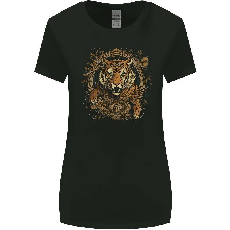 A Ferocious Tiger With a Japanese Background Womens Wider Cut T-Shirt Zippered Buttoned Snapped