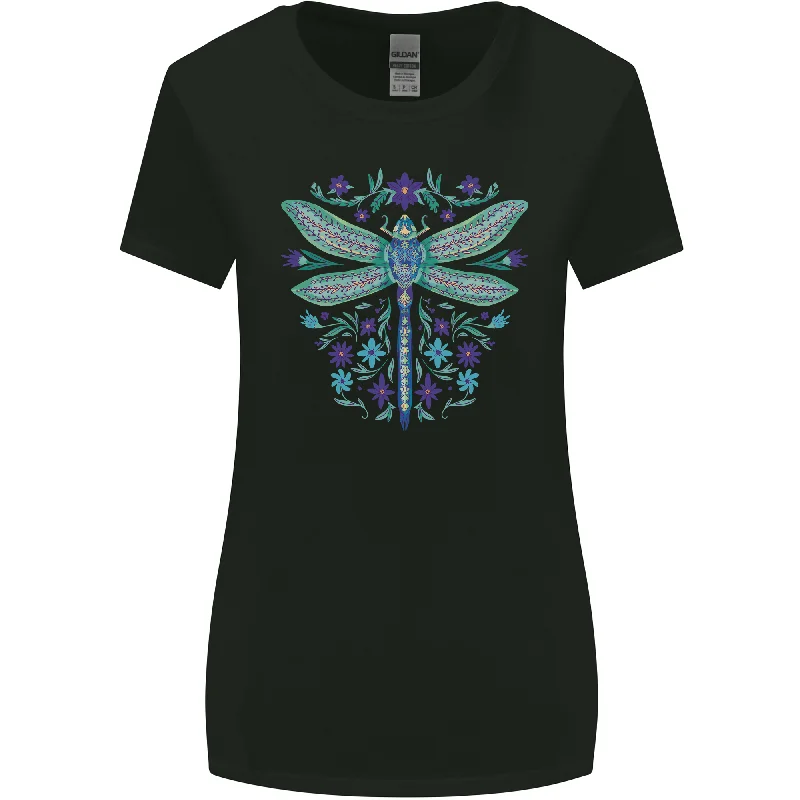 A Floral Dragonfly Womens Wider Cut T-Shirt Mesh Canvas Denim