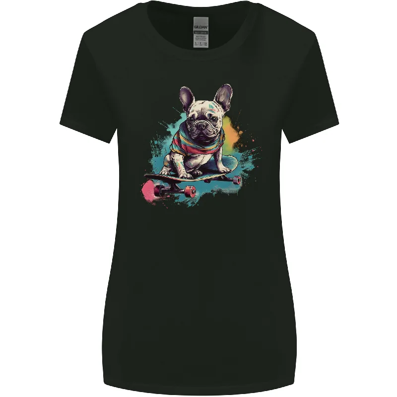 A French Bulldog on a Skateboard Womens Wider Cut T-Shirt Asymmetrical Pockets Print