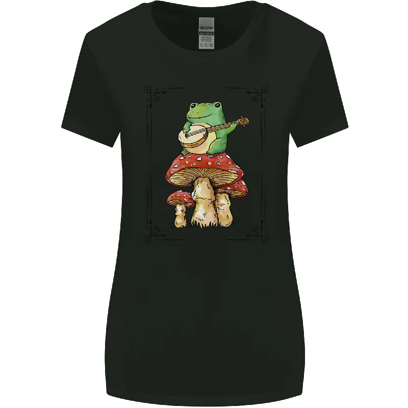 A Frog Playing the Guitar on a Toadstool Womens Wider Cut T-Shirt Print Jacquard Patchwork