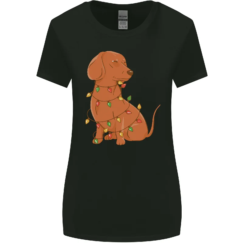 A Funny Christmas Tree Dachshund Womens Wider Cut T-Shirt Polka Dot Checkered Tartan