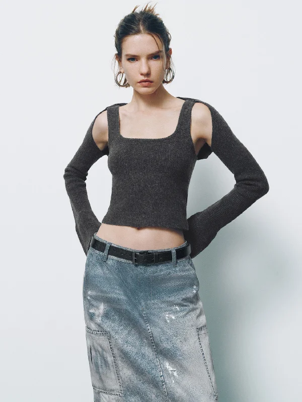 Cut-Out Skinny Knitted T-Shirt Anti-Shrink Durable Soft