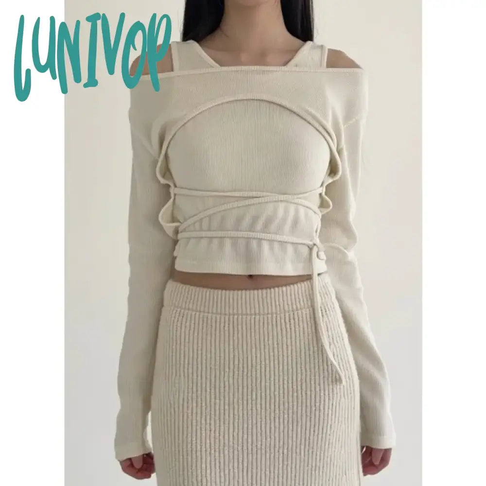 Lunivop 2024 autumn For Women Crop Tops Vintage Korean Retro High Street 2 pieces sets Screw Thread T-Shirt Streetwear Tee Shirt Zippered Front Buttoned Front Snap Front