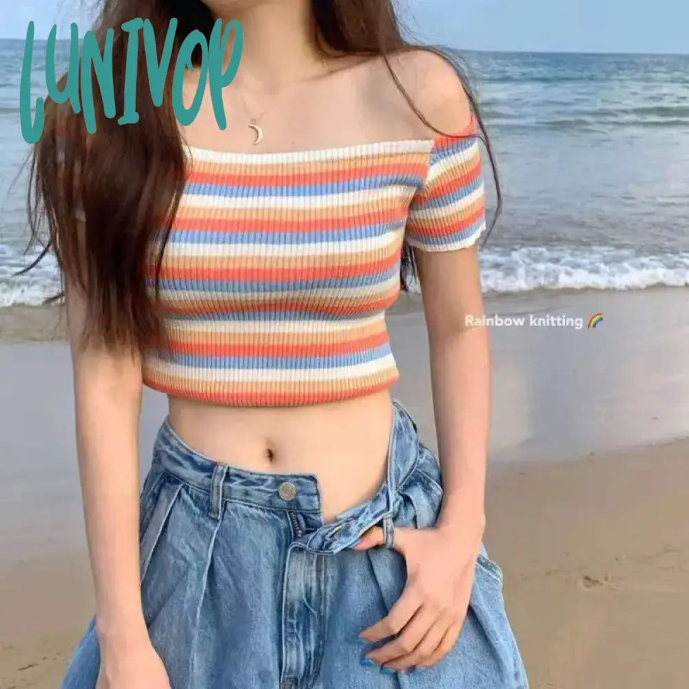 Lunivop Line-neck Striped Knit Ice Silk Off-shoulder Summer Slimming Women Short-sleeved Striped Outerwear Top Sexy Girls T-shirt Iron Safe Non-Iron Wrinkle Free