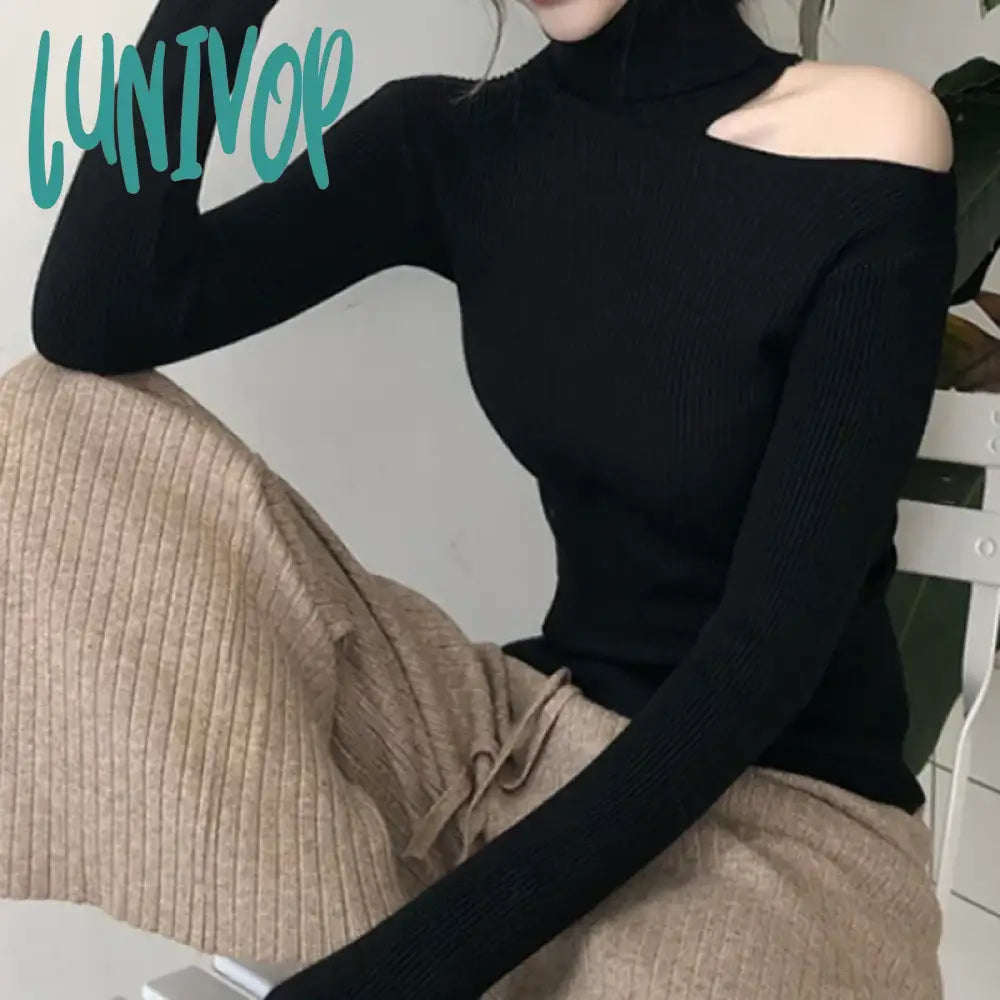 Lunivop Turtleneck Off Shoulder Long Sleeve T-shirt Women's Slim Sweater Autumn Korean Style Hollow Out Tops Zippered Front Buttoned Front Snap Front