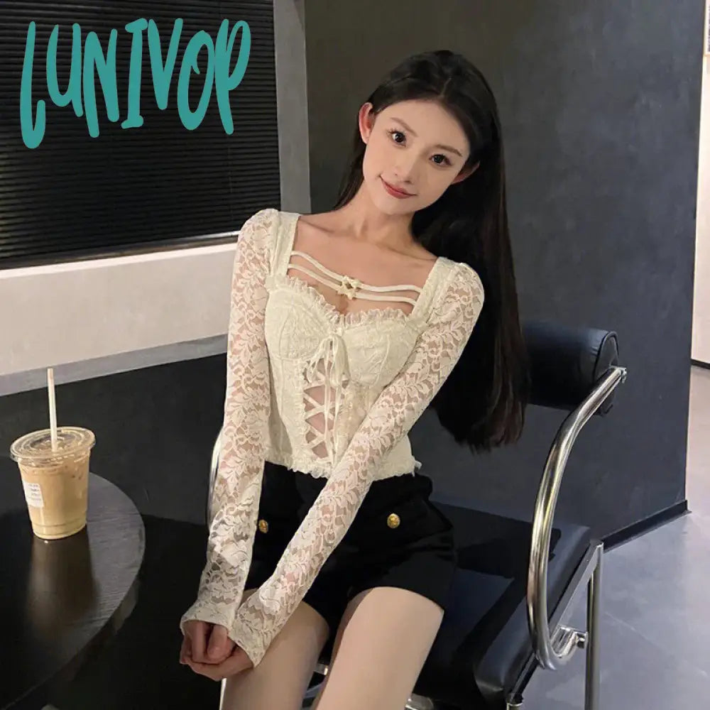 Lunivop Y2K White Lace Women Sexy Tops T-shirt Lolita Cute Slim Long Sleeve All-Match Casual Bottoming Shirt Sweet New Korean Style Rayon Fabric Velvet Fabric Corduroy Fabric