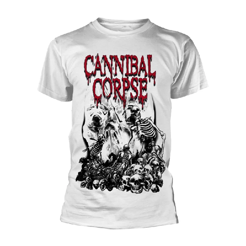 Cannibal Corpse Unisex T-shirt: Pile Of Skulls (White) Fleece Fabric Down Fabric Feather Fabric