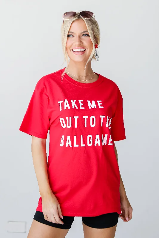 Red Take Me Out To The Ballgame Tee Asymmetrical Pockets Print