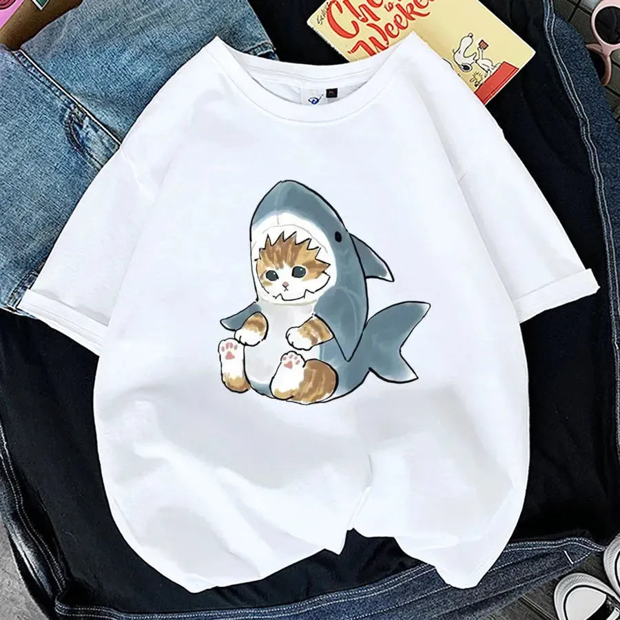 Tops Woman 2024 T Shirt Kawaii Cat Shark Print T-shirt Summer Korean Harajuku Fashion Short Sleeve Tee Funny Animal Graphic Tee Welt Pockets Slit Pockets