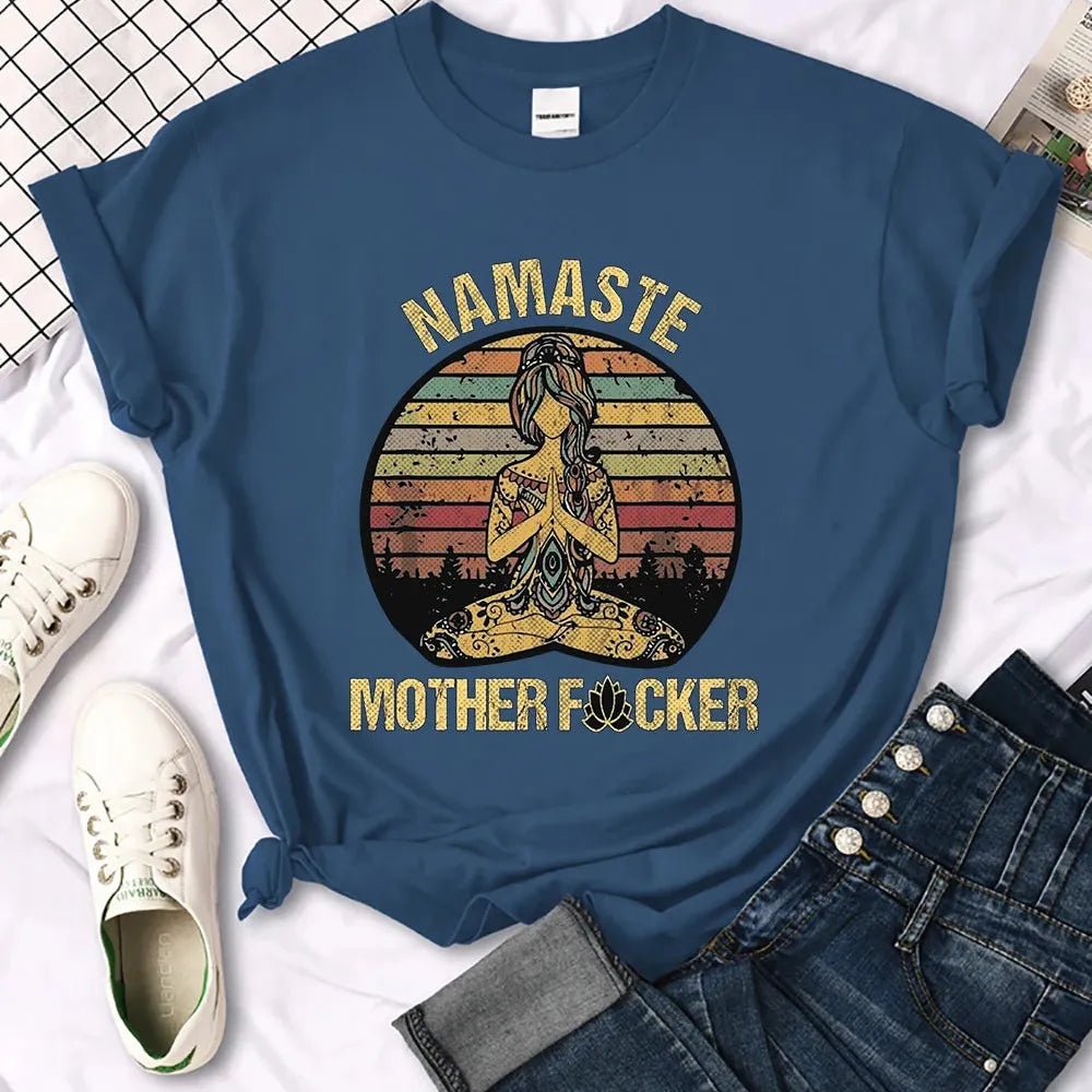 Vintage Namaste Mother Explicit Pattern Women T-Shirt O-Neck Creative T Shirts Fashion Breathable Crop Top Casual Sport T Shirt Asymmetrical Pockets Print