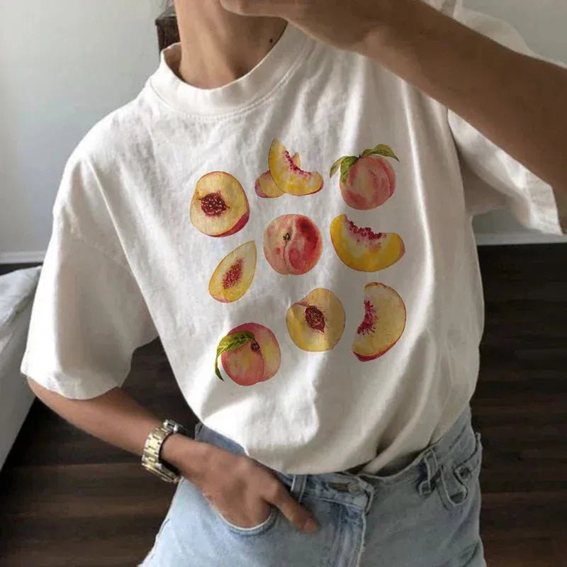 Vintage Peaches Printed Graphic Tees Women Cute Cottagecore Aesthetic T-Shirts Short Sleeve Female Retro Grunge Tops Clothes Jersey Fabric Tulle Fabric Batik Fabric