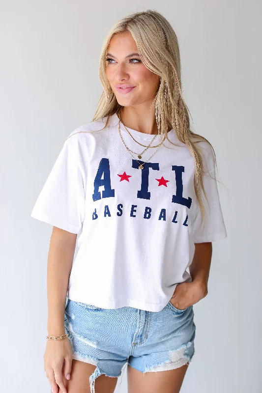 White ATL Star Baseball Cropped Tee Ribbed Striped Patterned