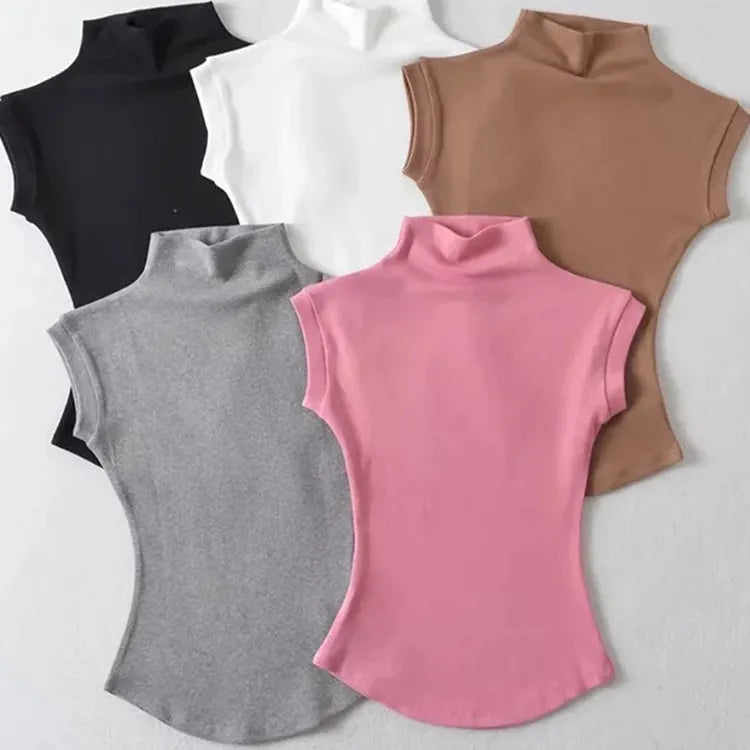 Women Summer Sexy Turtleneck Sleeveless T-Shirts Tops Solid Slim Fit Pullovers Causal Tees Shirts Female Streetwear Basics Tees Chenille Brocade Lace