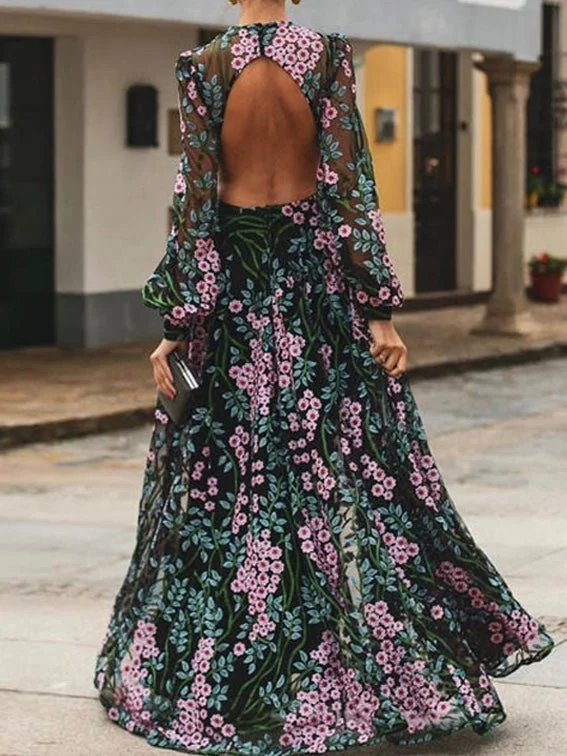Women Floral Vintage Long Sleeve Backless Long Maxi Dress Fashionable Open-Back Maxi Dress Women Floral Vintage Long Sleeve Backless Long Maxi Dress Fashionable Open-Back Maxi Dress