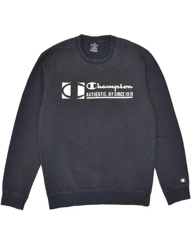 CHAMPION Mens Graphic Sweatshirt Jumper Small Navy Blue Cotton Hoodie with Pattern Geometric Abstract CHAMPION Mens Graphic Sweatshirt Jumper Small Navy Blue Cotton Hoodie with Pattern Geometric Abstract