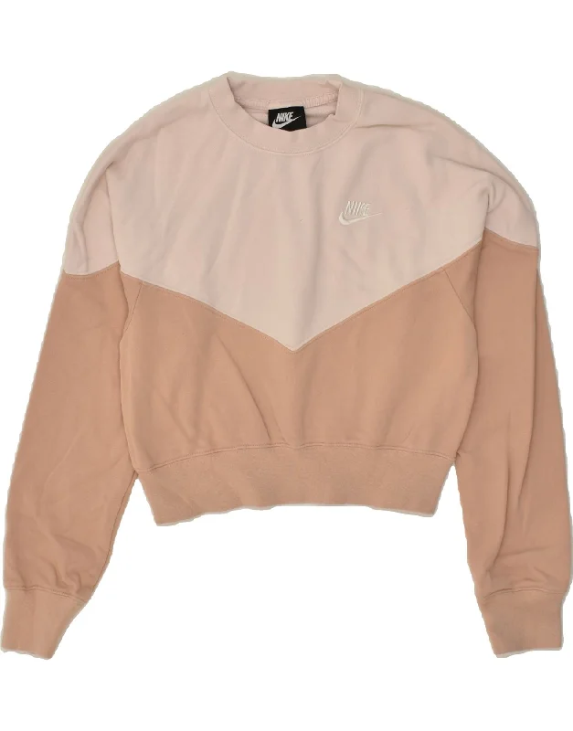 NIKE Womens Crop Sweatshirt Jumper UK 6 XS Pink Colourblock Cotton Hoodie with Monochrome Minimalist Simple NIKE Womens Crop Sweatshirt Jumper UK 6 XS Pink Colourblock Cotton Hoodie with Monochrome Minimalist Simple
