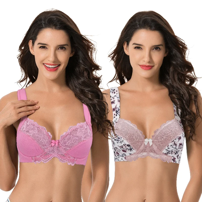 Women's Plus Size Unlined Underwire Lace Bra with Cushion Straps Lace-Trimmed Bra