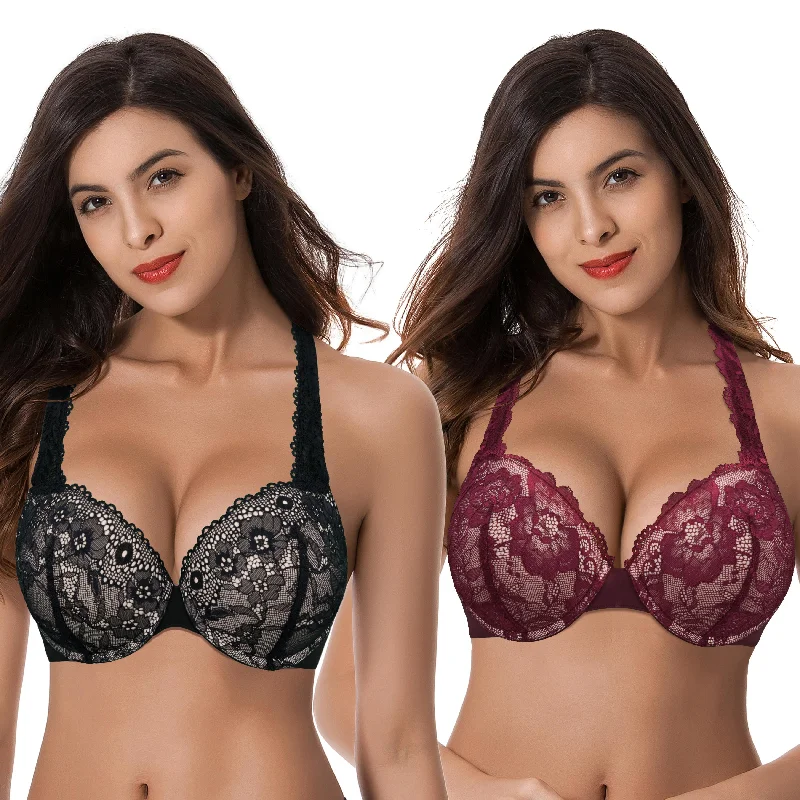 Women's Plus Size Add 1 and a half Cup Push Up Underwire Convertible Lace Bras Multi-Way Bra Design