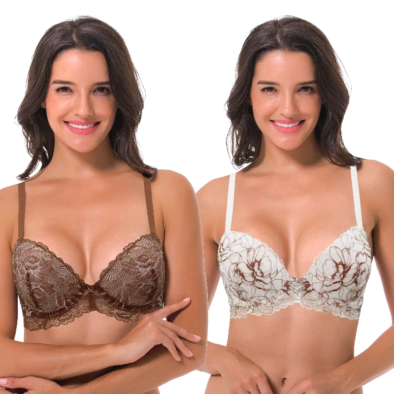 Women's Underwire Plus Size Push Up Add 1 and a Half Cup Lace Bras Light Seamless Bra