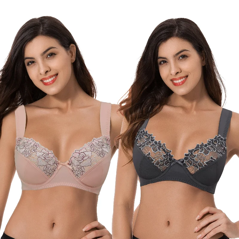 Women's Plus Size Minimizer Underwire Bra With Lace Embroidery Cozy Wire-Free Bra