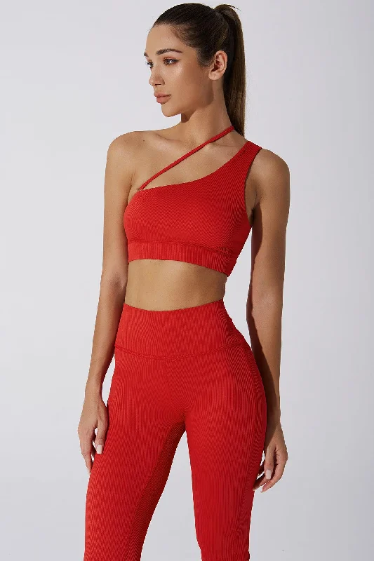 Caram Ribbed Off Shoulder Bra - Savvy Red Soft Mesh Bralette