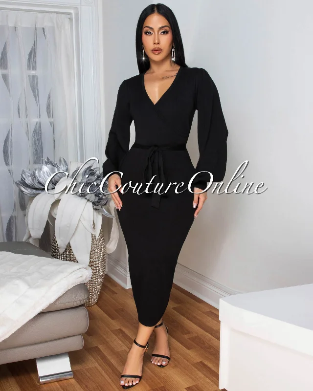 Cider Black Faux Wrap Knit Midi Dress Comfortable Sleeveless Midi Dress