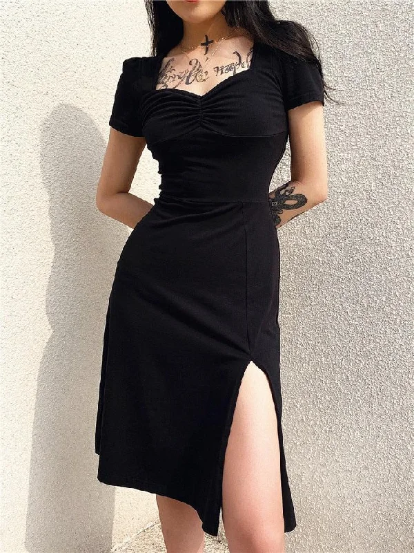 Dark Academia Leg Split Midi Dress Comfortable Adjustable Strap Midi Dress