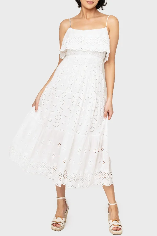 Elan Strappy Eyelet Tiered Midi Dress Fashionable High-Low Midi Dress