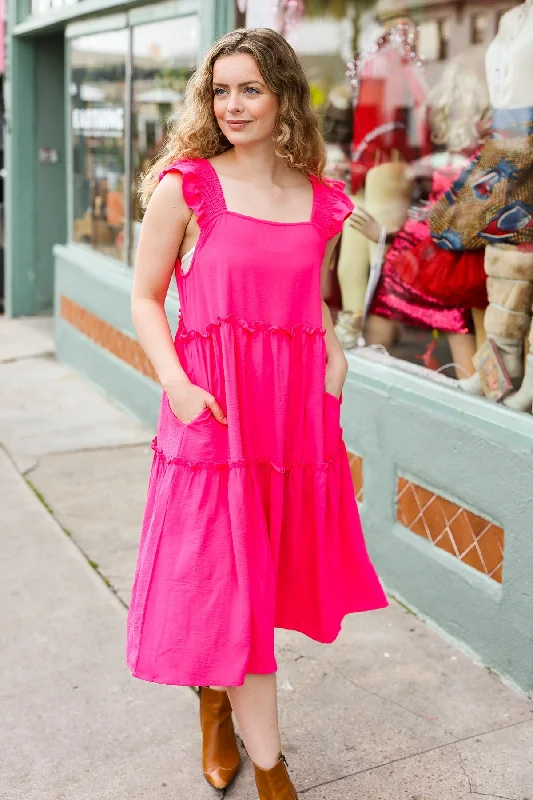 Explore More Collection - Lots To Love Fuchsia Smocked Flutter Sleeve Tiered Midi Dress Comfortable Lace-Up Midi Dress