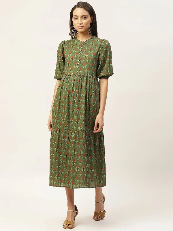 Green Floral Tiered Midi Dress Stylish High-Waisted Midi Dress