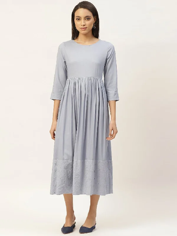 Grey Schiffli Gathered Midi Dress Fashionable Chiffon Midi Dress