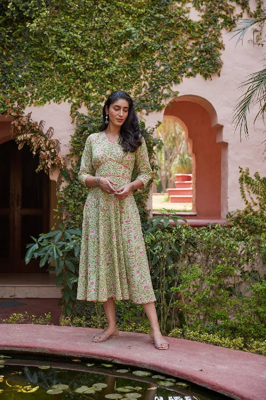 Hand Blocked Mint Green Sanganeri Floral Print Midi Dress Elegant Floral Skirt Midi Dress