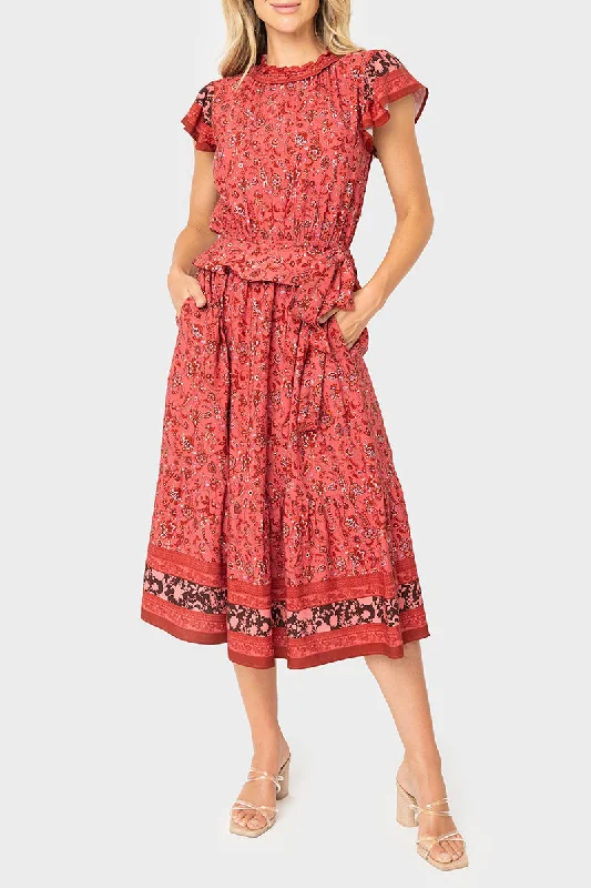 Harvest Moon Flutter Sleeve Border Print Midi Dress Comfortable Fit-and-Flare Midi Dress