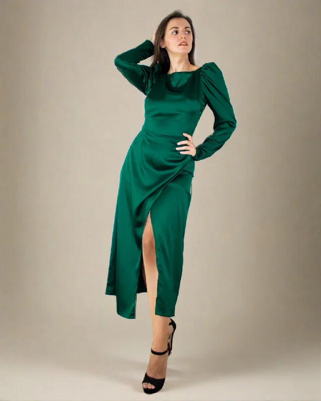 Inara Midi Dress - Satin Long Sleeve Emerald Green Dress Trendy Midi Dress with Belt