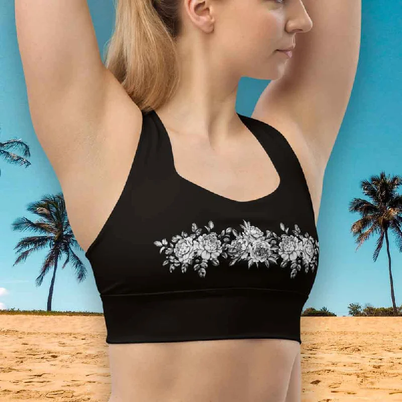 Floral print on black longline sports bra, lioness-love Adjustable Bra Straps