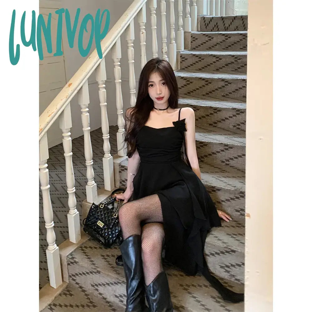 Lunivop Y2K Irregular Midi Dress Women Gothic Black Sexy Strap One Pieces Dresses Korean Party Prom Elegant Bodycon Vestidos New Comfortable Casual Midi Dress