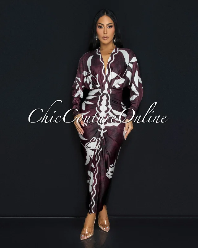 Maluma Maroon Cream Print Midi Dress Comfortable Fit-and-Flare Midi Dress