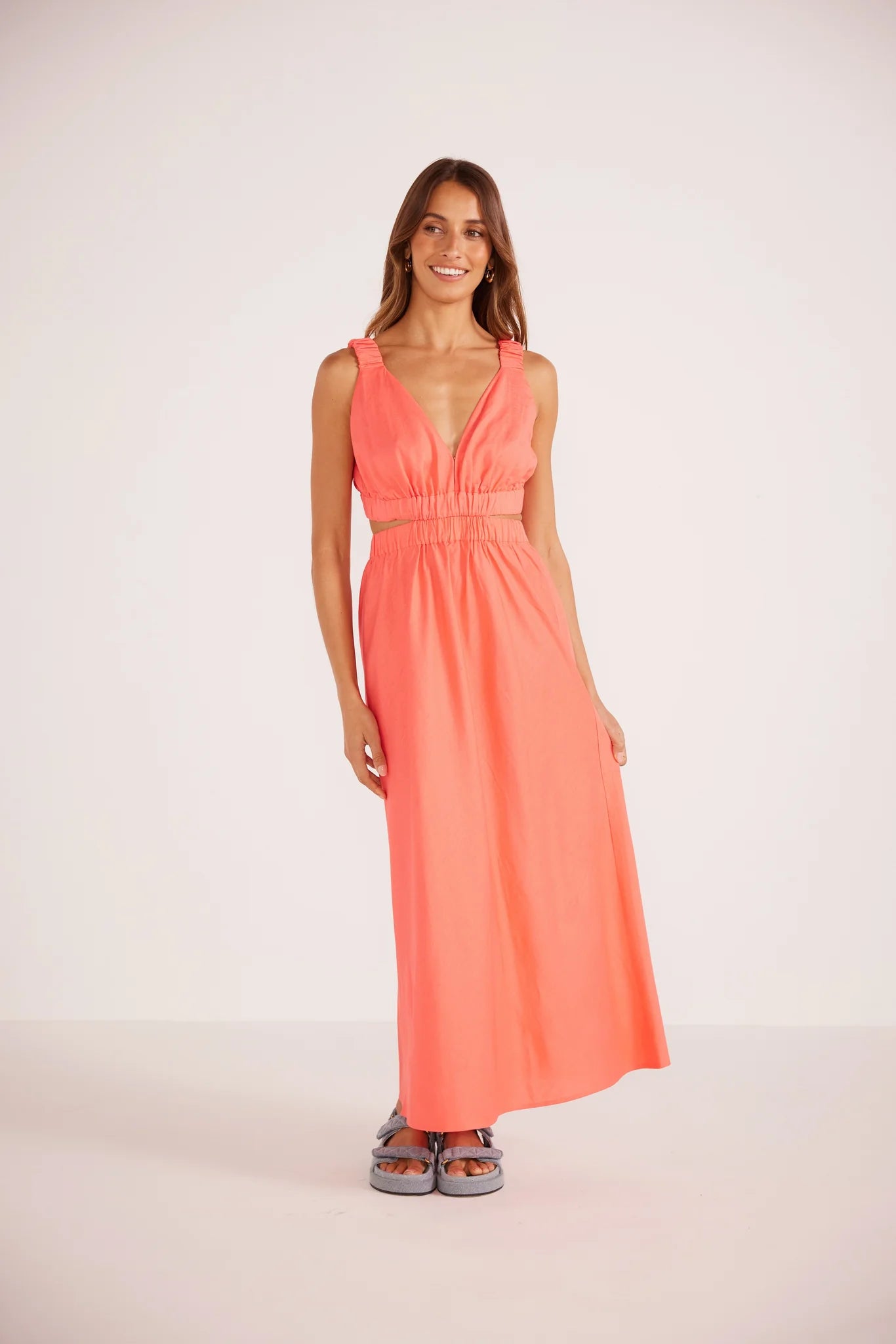 MINKPINK Lila Linen Cutout Midi Dress - Pink Fashionable Off-Shoulder Dress Midi