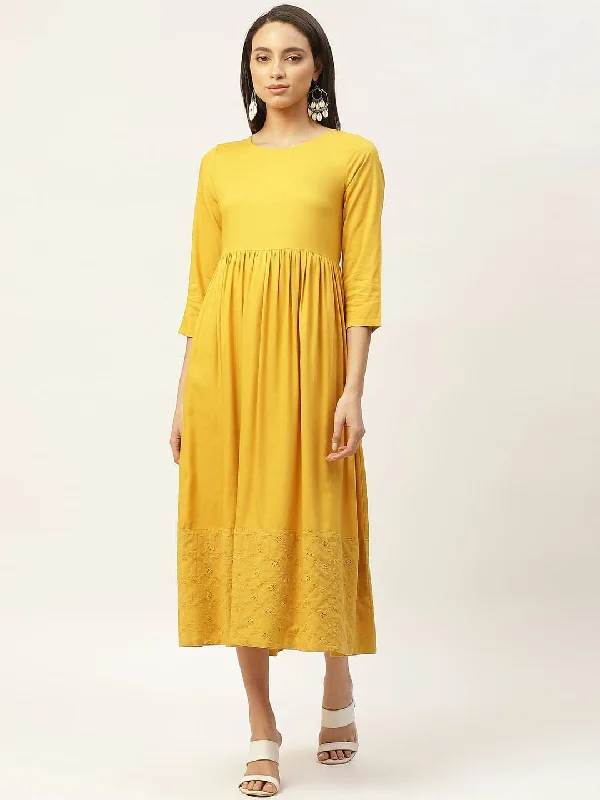 Mustard Schiffli Gathered Midi Dress Elegant Pleated Sleeve Midi Dress