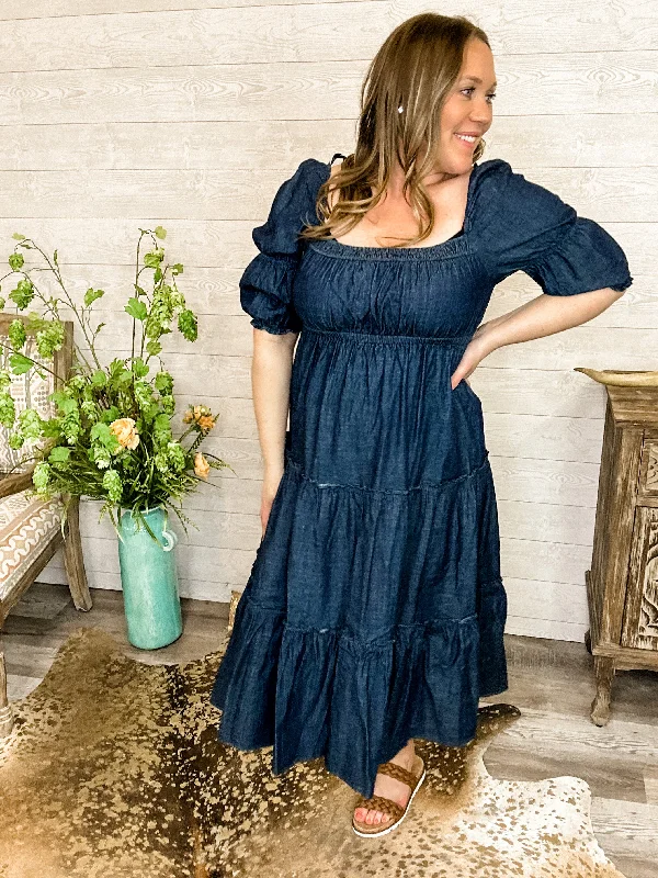 Natalia - Tiered Denim Midi Dress Elegant Velvet Midi Dress