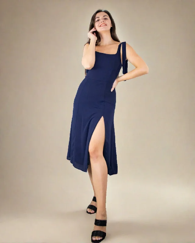 Oceane Blue Strappy Dress - Square Neck Midi Dress Stylish Color Block Midi Dress