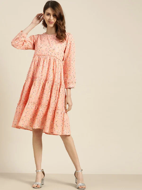 Peach Floral Tiered Midi Dress Comfortable Sleeveless Midi Dress