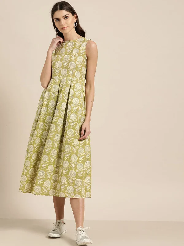 Pista Green Sleeveless Box Pleat Midi Dress Elegant Floral Skirt Midi Dress