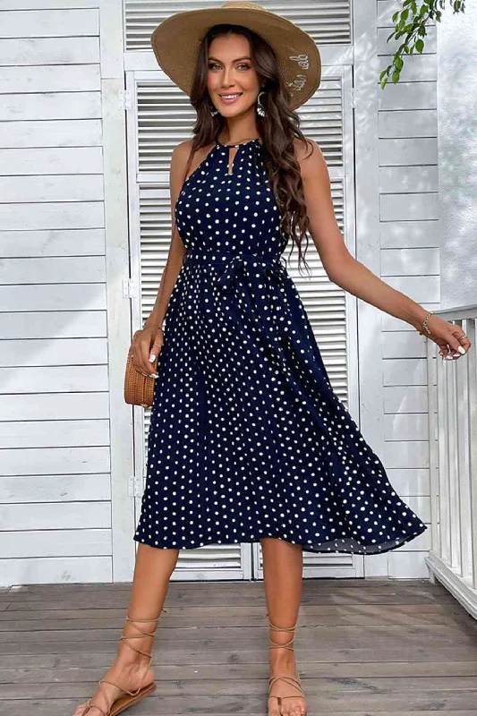 Explore More Collection - Polka Dot Tie-Waist Sleeveless Midi Dress Trendy Midi Dress with Belt