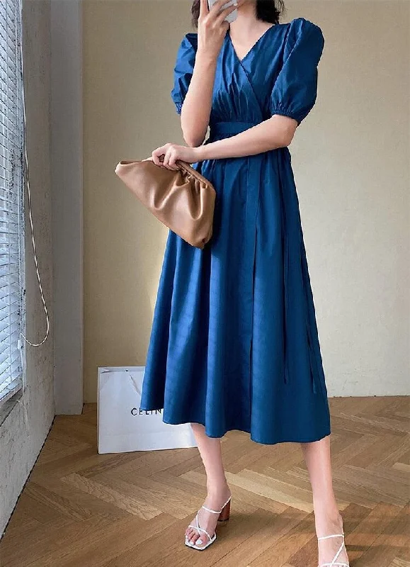 Puff Sleeve Wrap Midi Dress Fashionable Casual Midi Dress